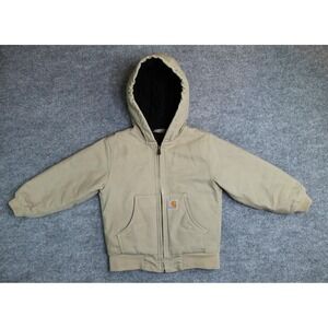 Carhartt Boys Canvas Jacket Beige Tan Full Zip Hooded Lined Size Youth XXS 4-5